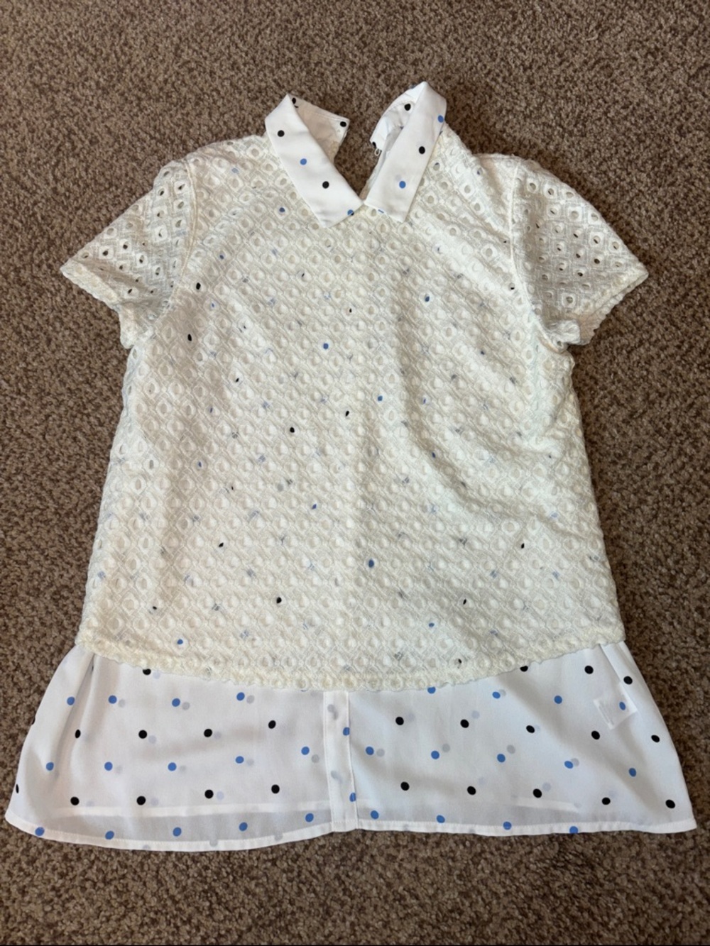 Elle Cream White Eyelet Short Sleeve Blouse with Polka Dot Trim Small